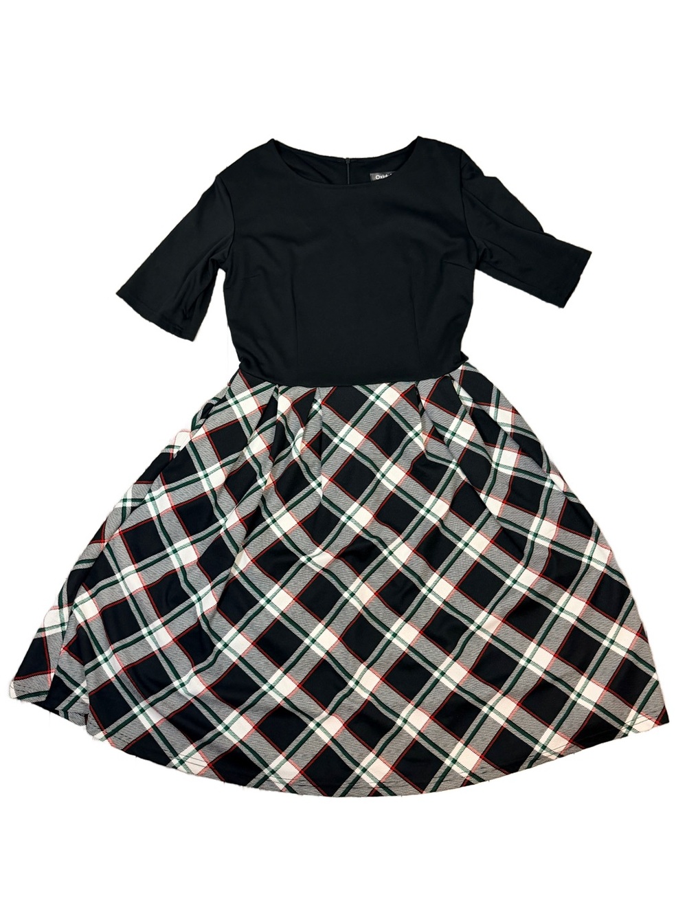 Oxiuly Fashion Retro Plaid Patchwork Midi Dress Black Red White Pleated Size L